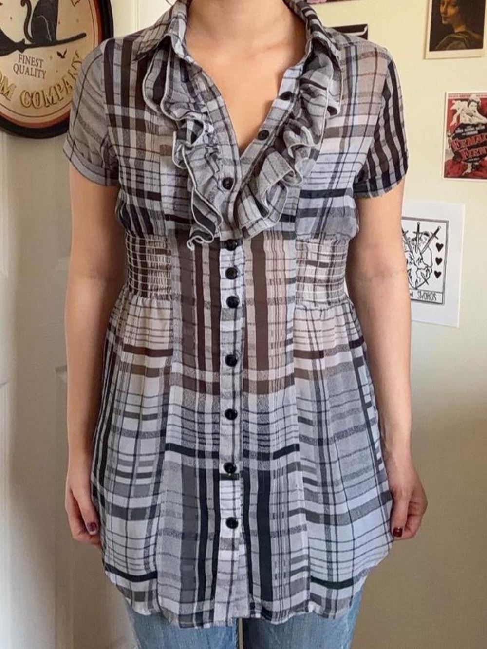 Arden B. Ruffled Plaid Button-Front Womens Top in Gray